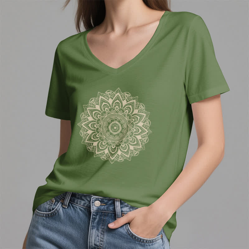 Olivenorma Lotus Flower Geometric Pattern Yoga V-Neck T-Shirt - image 22