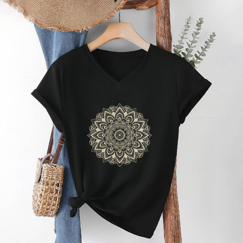Olivenorma Lotus Flower Geometric Pattern Yoga V-Neck T-Shirt - Black - 2XL - image 6