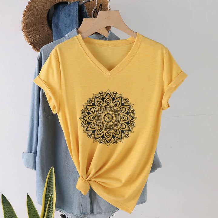 Olivenorma Lotus Flower Geometric Pattern Yoga V-Neck T-Shirt - Yellow - 2XL - image 7