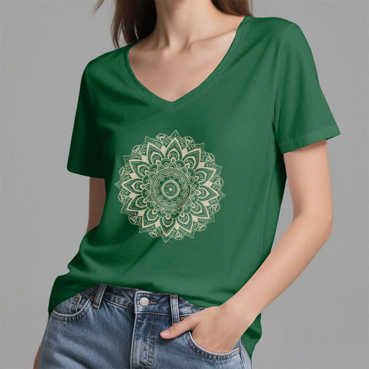 Olivenorma Lotus Flower Geometric Pattern Yoga V-Neck T-Shirt - image 18