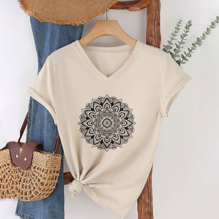 Olivenorma Lotus Flower Geometric Pattern Yoga V-Neck T-Shirt - Khaki - 2XL - image 10