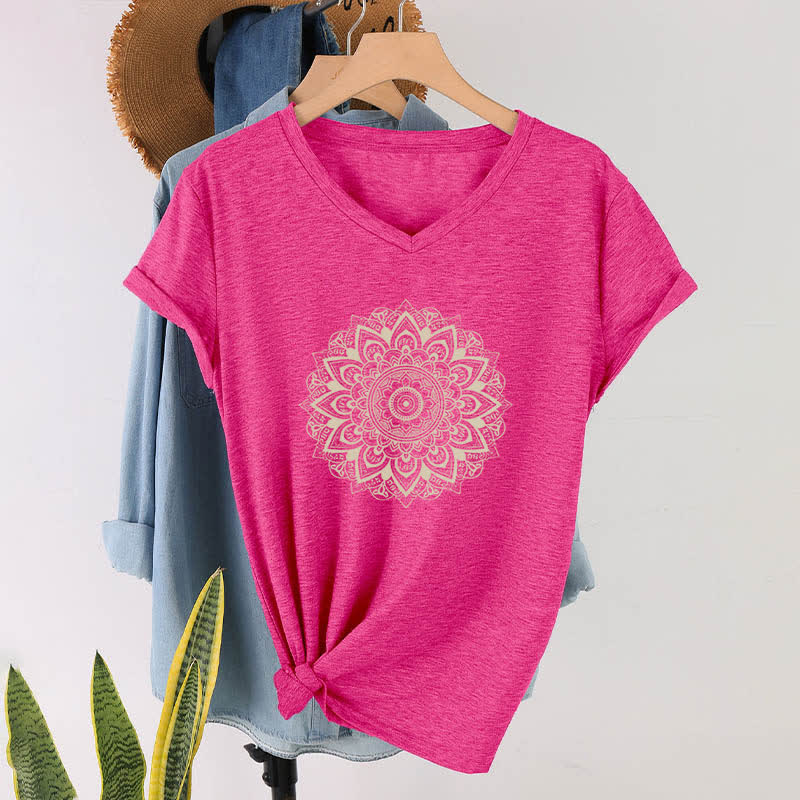 Olivenorma Lotus Flower Geometric Pattern Yoga V-Neck T-Shirt - Rose Red - 2XL - image 9