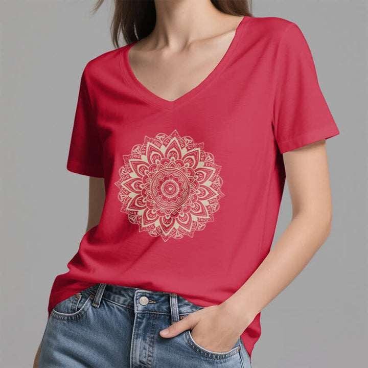 Olivenorma Lotus Flower Geometric Pattern Yoga V-Neck T-Shirt - image 21