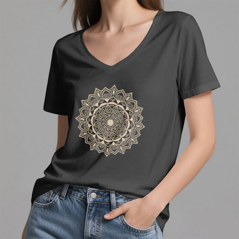 Olivenorma Mandala Lotus Boho Flower Yoga V-Neck T-Shirt - image 2