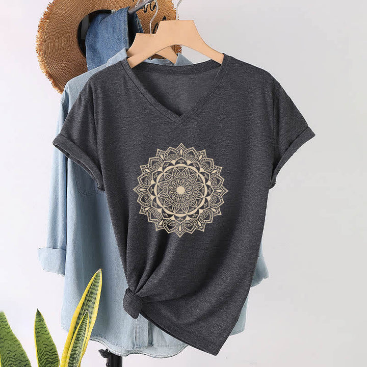 Olivenorma Mandala Lotus Boho Flower Yoga V-Neck T-Shirt - Gray - 2XL - image 1