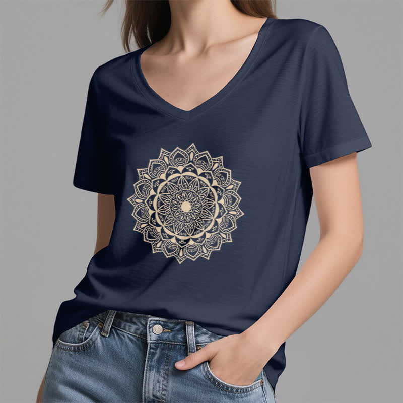 Olivenorma Mandala Lotus Boho Flower Yoga V-Neck T-Shirt - image 5