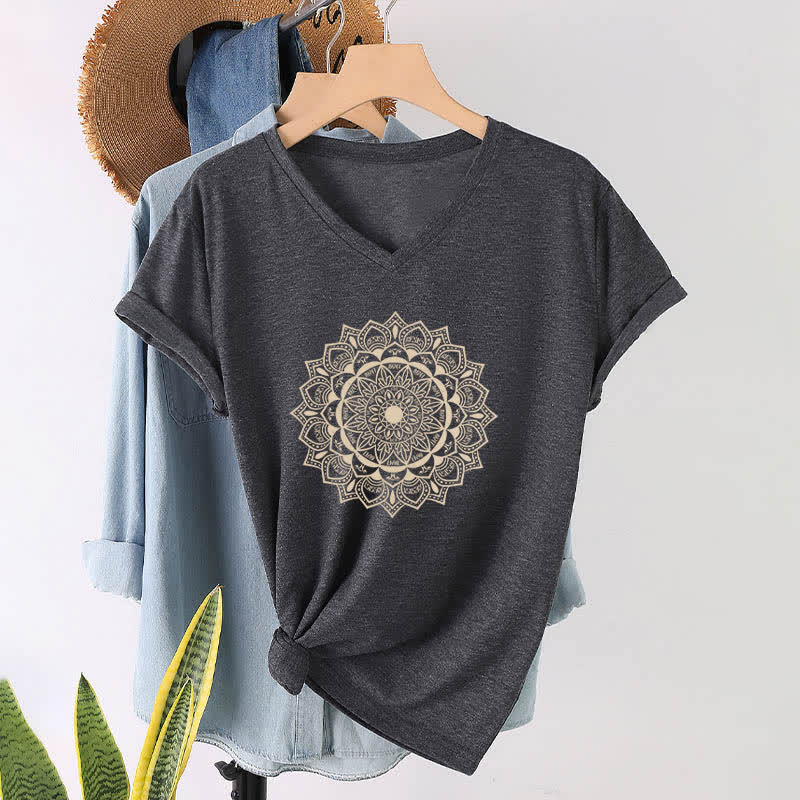 Olivenorma Mandala Lotus Boho Flower Yoga V-Neck T-Shirt - Gray - 2XL - image 0