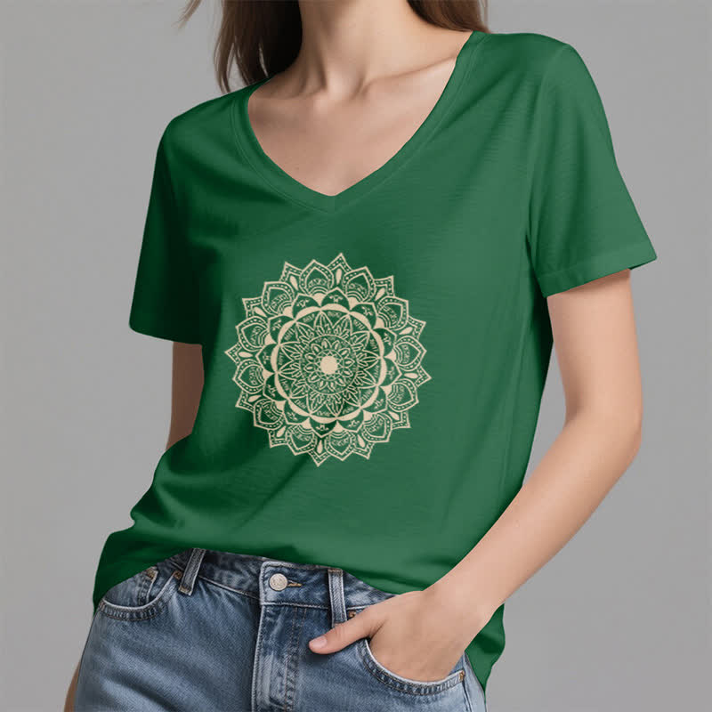 Olivenorma Mandala Lotus Boho Flower Yoga V-Neck T-Shirt - image 7