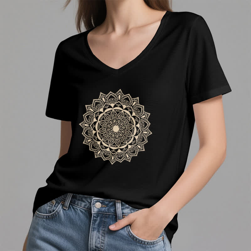 Olivenorma Mandala Lotus Boho Flower Yoga V-Neck T-Shirt - image 11