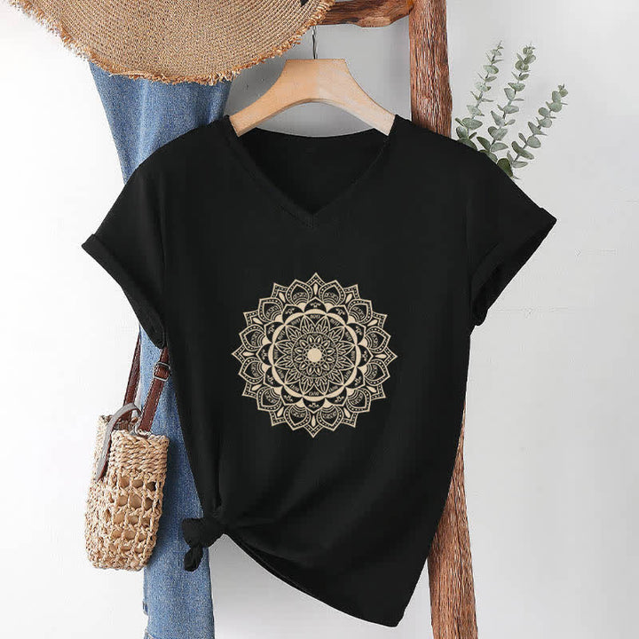 Olivenorma Mandala Lotus Boho Flower Yoga V-Neck T-Shirt - Black - 2XL - image 11
