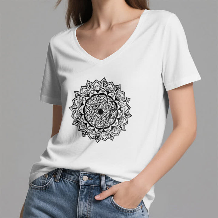 Olivenorma Mandala Lotus Boho Flower Yoga V-Neck T-Shirt - image 3