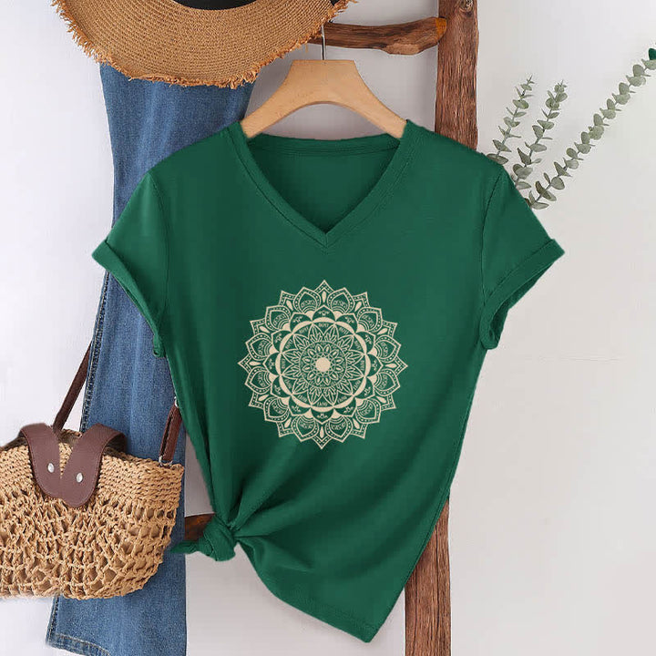 Olivenorma Mandala Lotus Boho Flower Yoga V-Neck T-Shirt - Dark Green - 2XL - image 6