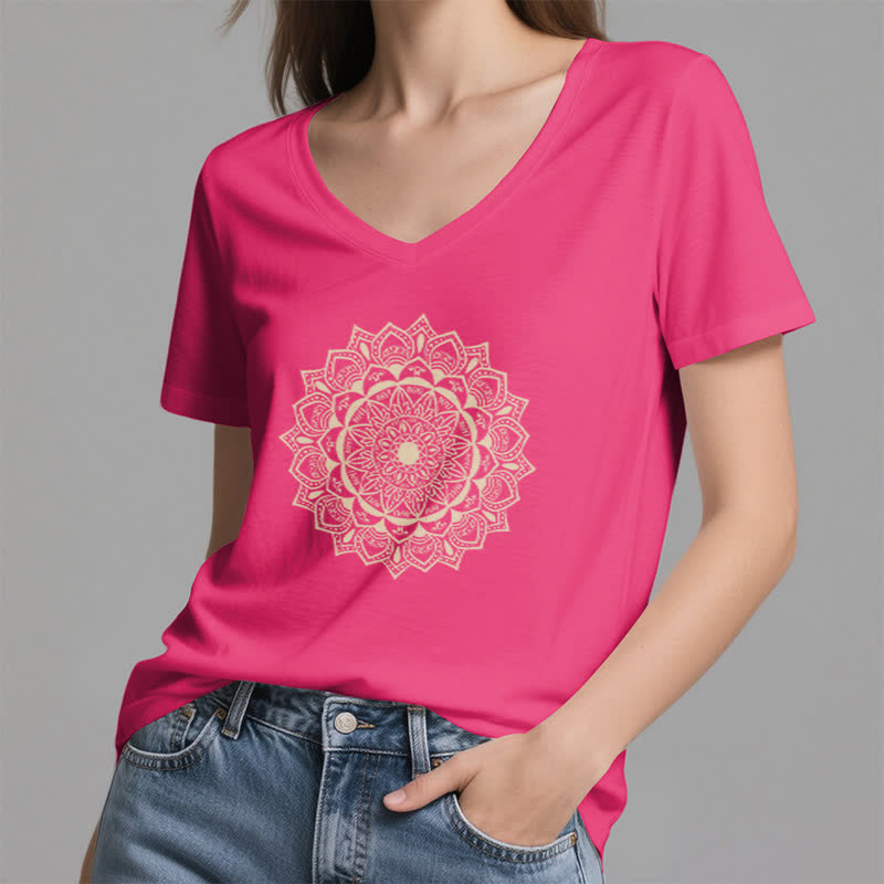 Olivenorma Mandala Lotus Boho Flower Yoga V-Neck T-Shirt - image 19