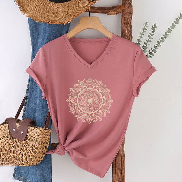 Olivenorma Mandala Lotus Boho Flower Yoga V-Neck T-Shirt - Pink - 2XL - image 16