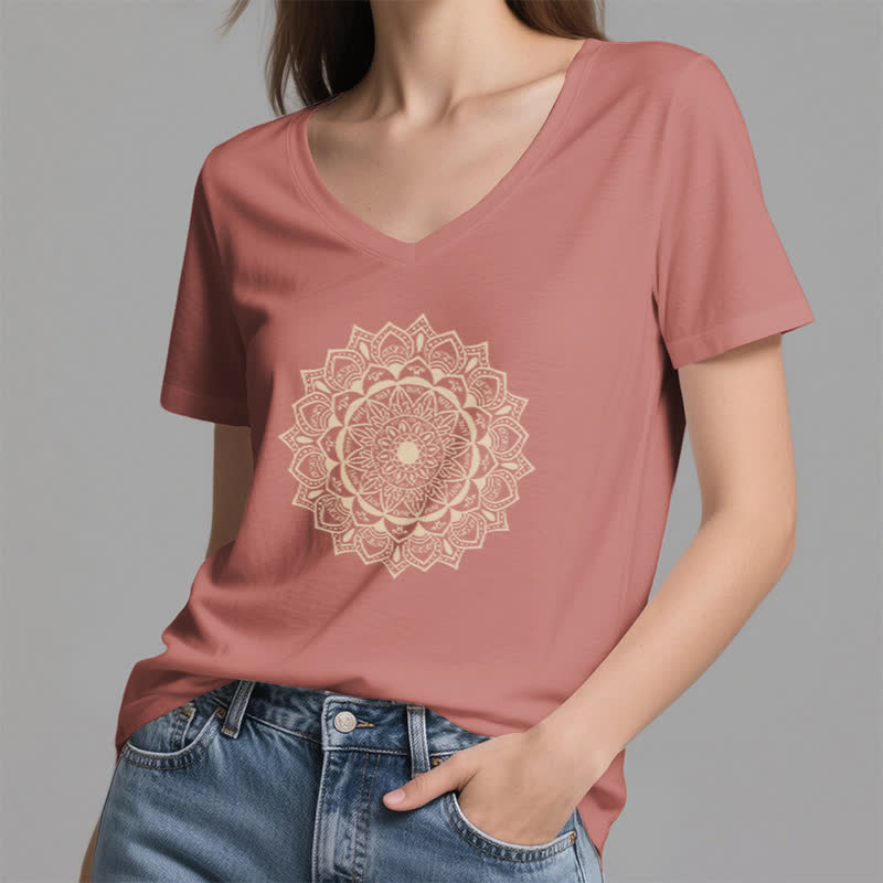 Olivenorma Mandala Lotus Boho Flower Yoga V-Neck T-Shirt - image 17