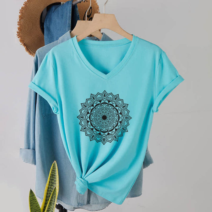 Olivenorma Mandala Lotus Boho Flower Yoga V-Neck T-Shirt - Lake Blue - 2XL - image 22