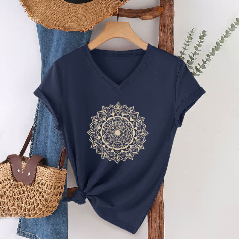 Olivenorma Mandala Lotus Boho Flower Yoga V-Neck T-Shirt - Navy Blue - 2XL - image 4