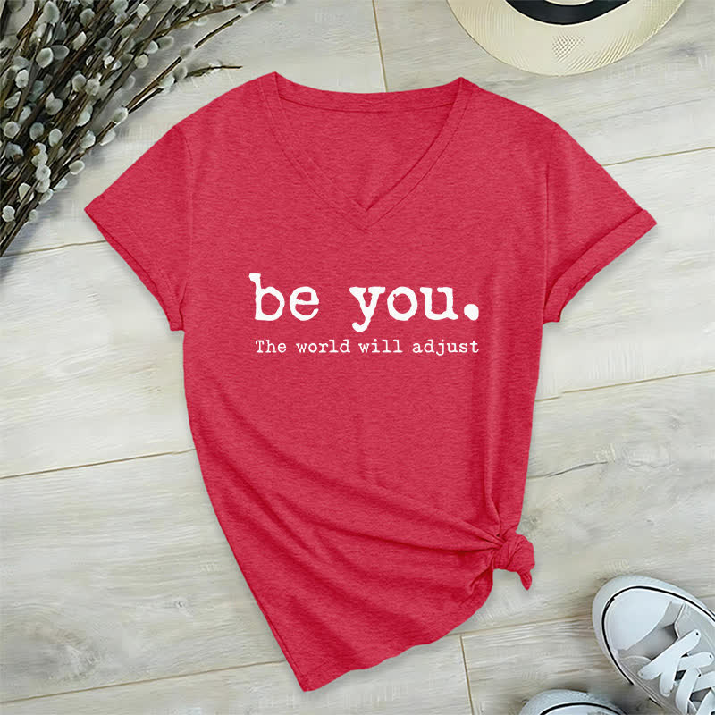Olivenorma "Be You The World Will Adjust" V-Neck T-Shirt - Red - 2XL - image 14