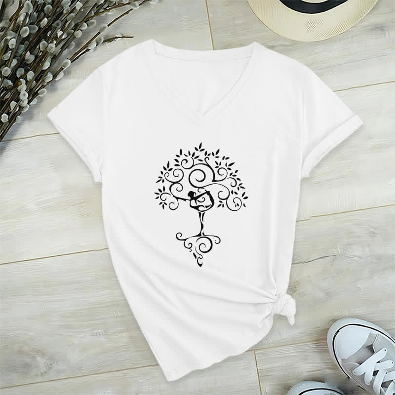 Olivenorma Yoga Tree Pose V-Neck T-Shirt - White - 2XL - image 2