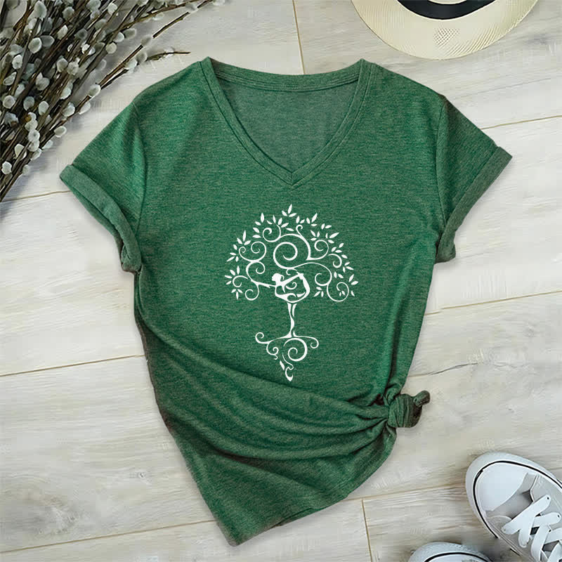 Olivenorma Yoga Tree Pose V-Neck T-Shirt - Dark Green - 2XL - image 3