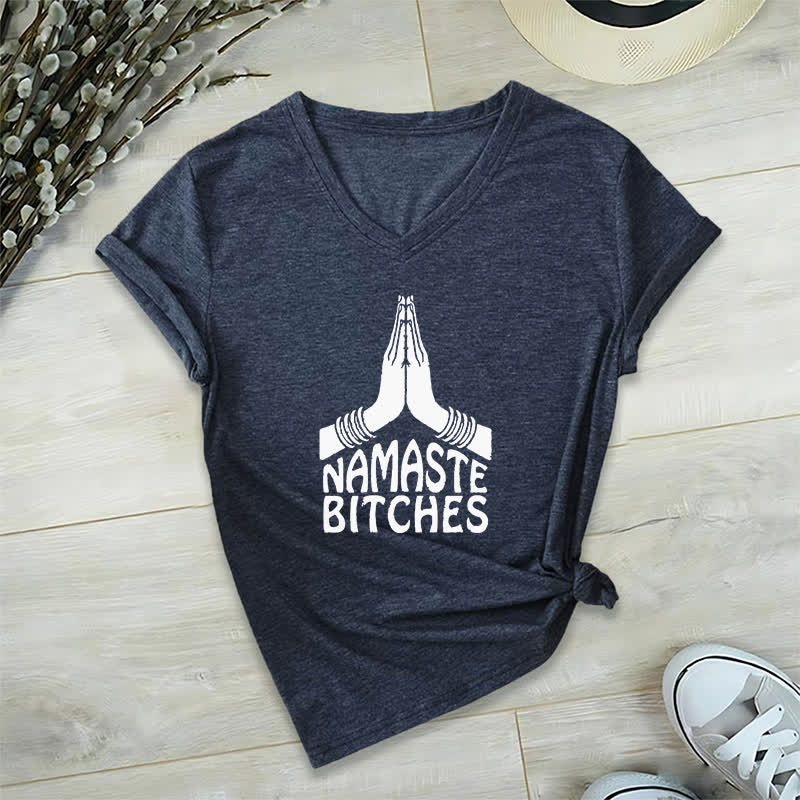 Olivenorma Funny Namaste Meditation Yoga V-Neck T-Shirt - Navy Blue - 2XL - image 3