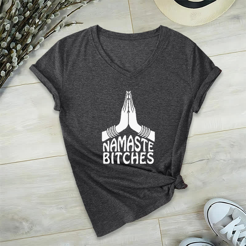 Olivenorma Funny Namaste Meditation Yoga V-Neck T-Shirt - Gray - 2XL - image 9