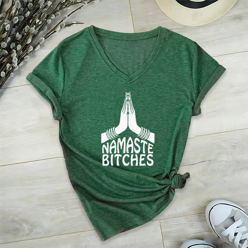 Olivenorma Funny Namaste Meditation Yoga V-Neck T-Shirt - Dark Green - 2XL - image 5