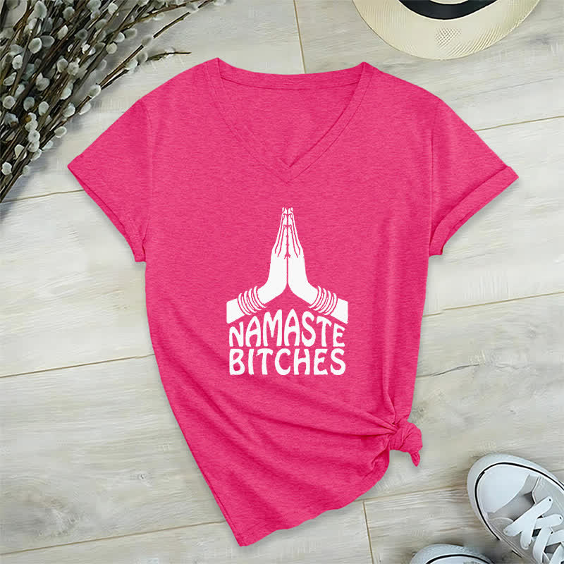 Olivenorma Funny Namaste Meditation Yoga V-Neck T-Shirt - Rose Red - 2XL - image 19