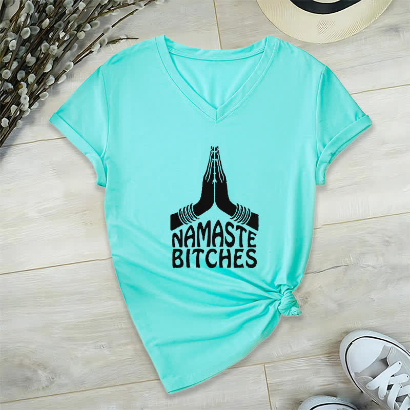 Olivenorma Funny Namaste Meditation Yoga V-Neck T-Shirt - Lake Blue - 2XL - image 23