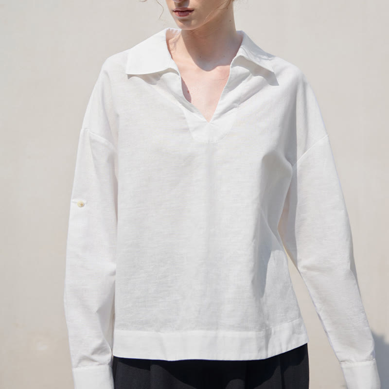 Olivenorma Solid White V-Neck Roll Up Sleeve Linen Blouse Women Shirt - image 1