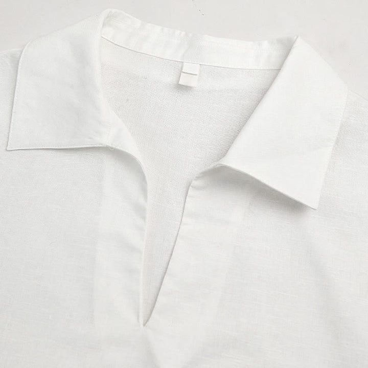 Olivenorma Solid White V-Neck Roll Up Sleeve Linen Blouse Women Shirt - image 7
