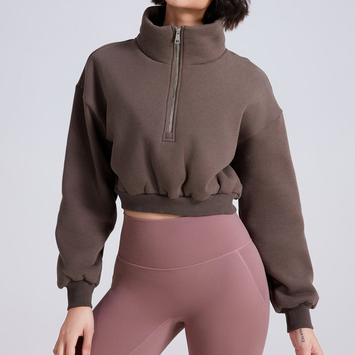 Olivenorma Hip Zip Yoga Tops Oversized Cropped Fleece Pullover Sweatshirt - Coffee - L - image 13