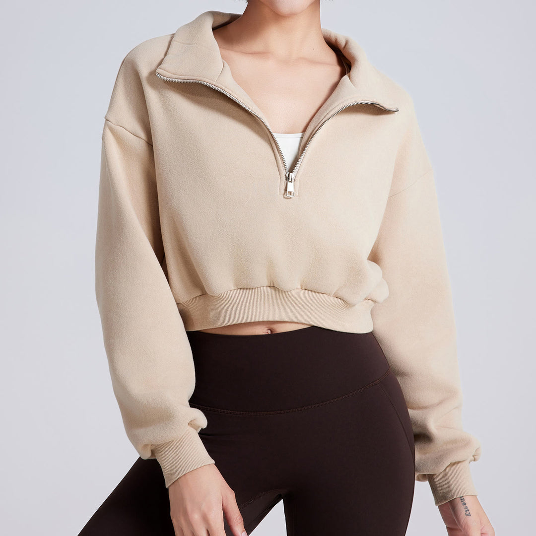 Olivenorma Hip Zip Yoga Tops Oversized Cropped Fleece Pullover Sweatshirt - Beige - L - image 0