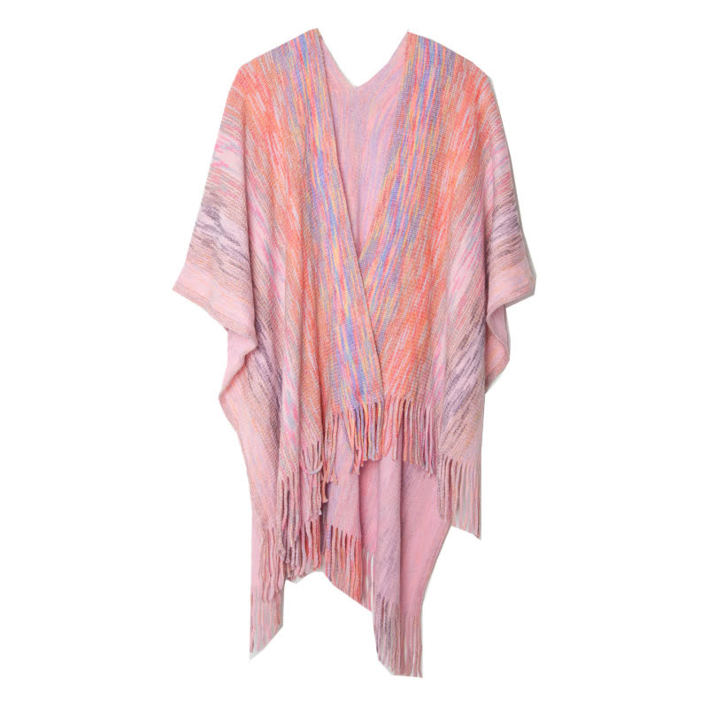 Olivenorma Ruffle Trimmed Poncho Tassels Cardigan Shawl - Pink - image 1