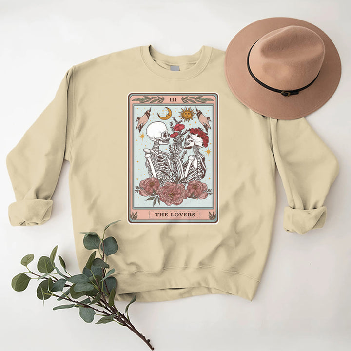 Olivenorma THE LOVER Skull Tarot Card Loose Fit Fleece Pullover Crewneck Sweatshirt - LightYellow - 2XL - image 0