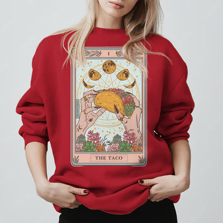 Olivenorma THE TACO Moon Phase Funny Tarot Card Fleece Loose Sweatshirt - Red - 2XL - image 13