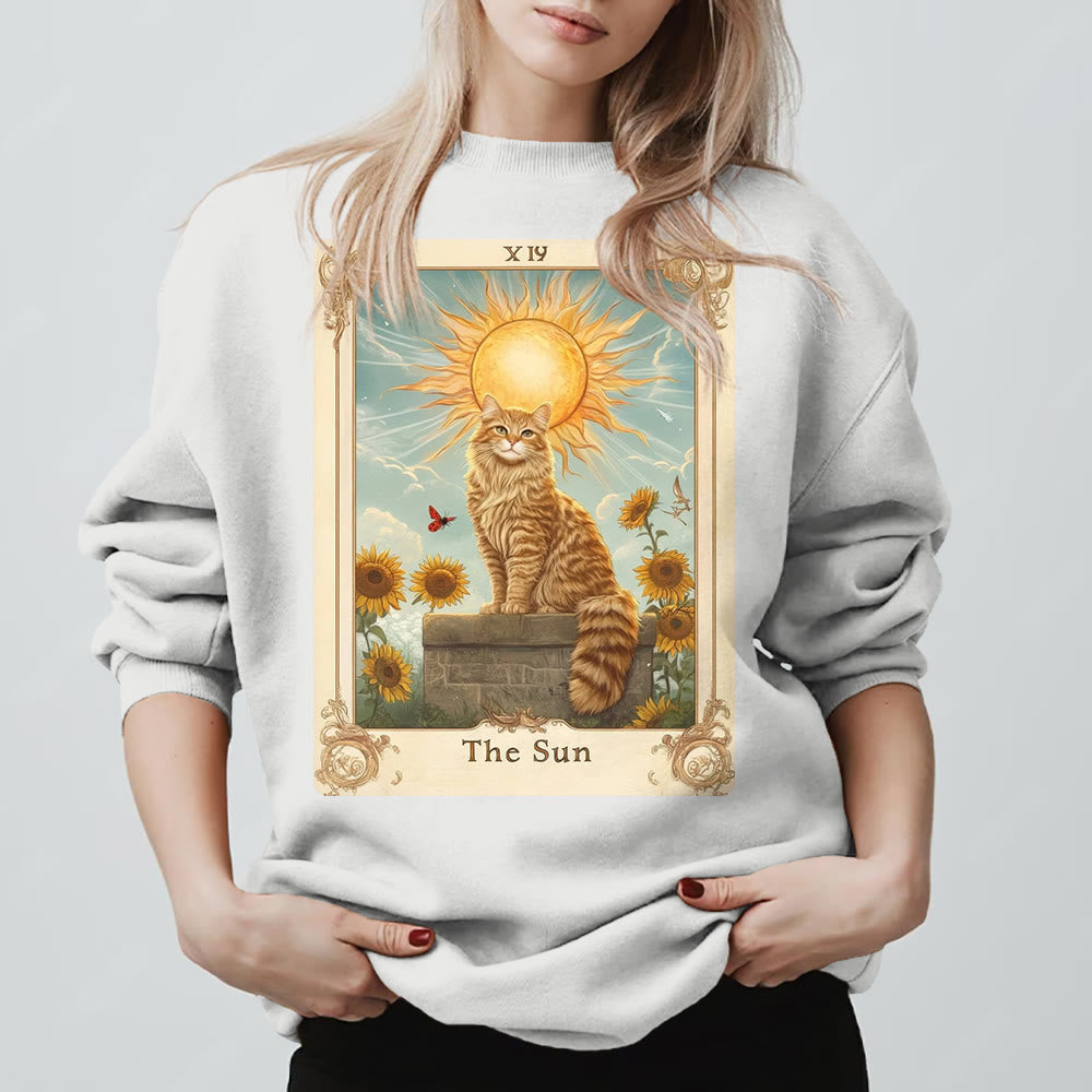 Olivenorma THE SUN Tarot Card Cat King Sunflowers Fleece Pullover Sweatshirt - White - 2XL - image 5