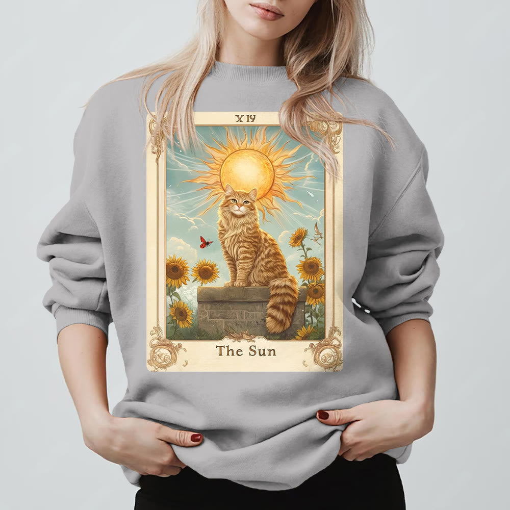Olivenorma THE SUN Tarot Card Cat King Sunflowers Fleece Pullover Sweatshirt - Grey - 2XL - image 3