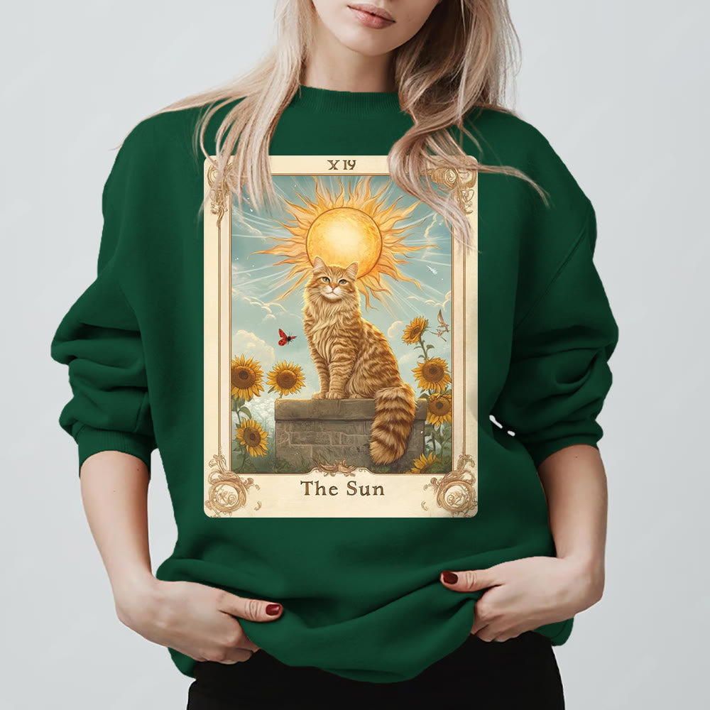 Olivenorma THE SUN Tarot Card Cat King Sunflowers Fleece Pullover Sweatshirt - Green - 2XL - image 13
