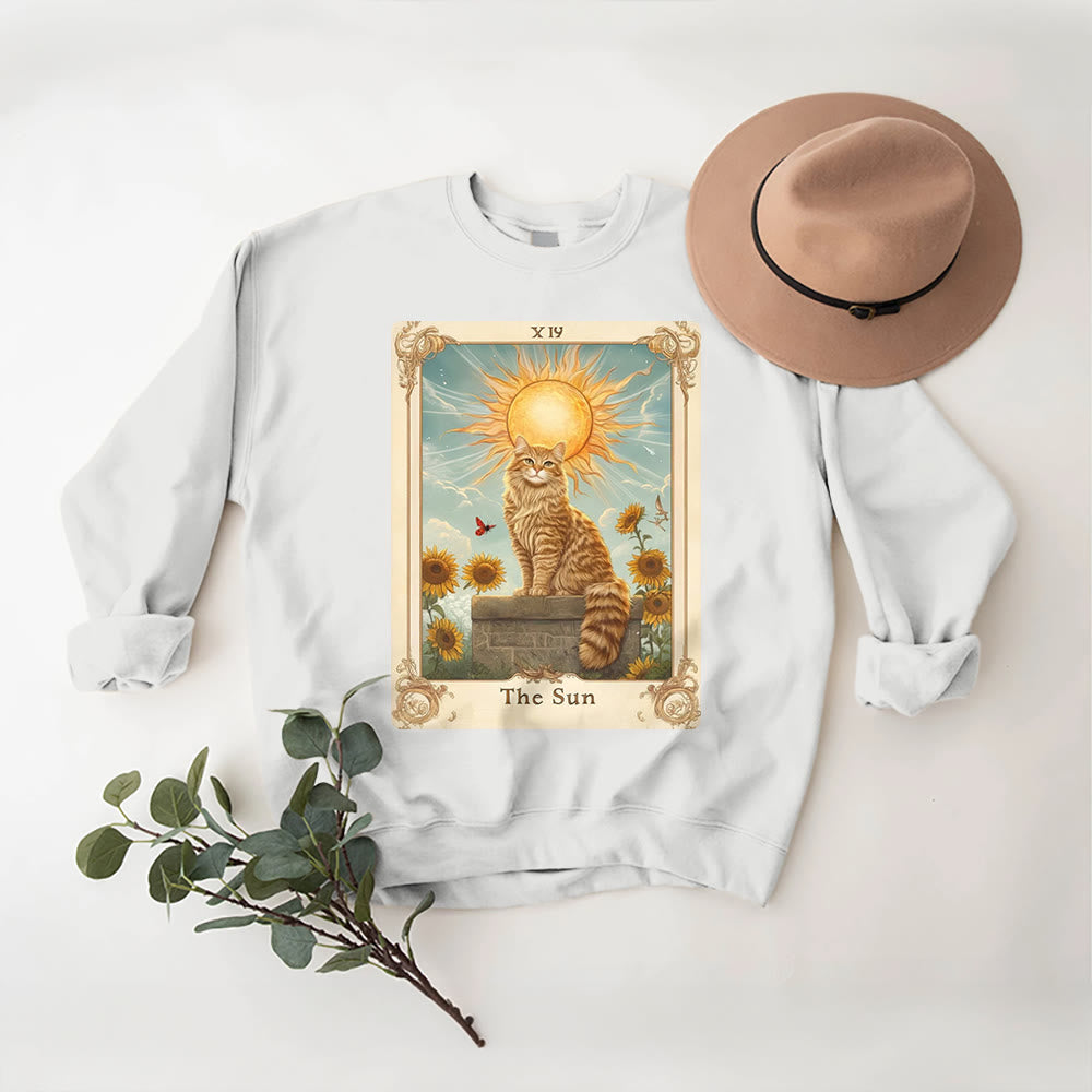 Olivenorma THE SUN Tarot Card Cat King Sunflowers Fleece Pullover Sweatshirt - White - 2XL - image 5