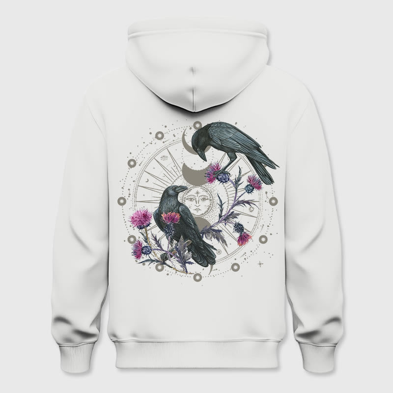 Olivenorma Mystical Moon Phase Raven Floral Fleece Hooded Sweater Tops Loose Hoodies - White - 2XL - image 6