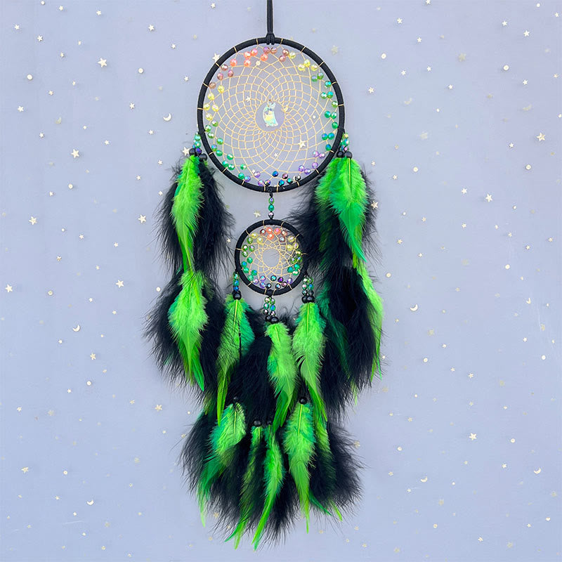 Olivenorma Brilliant Rainbow Crystal Circular Net Boho Dream Catchers - With Lights - Green - image 1