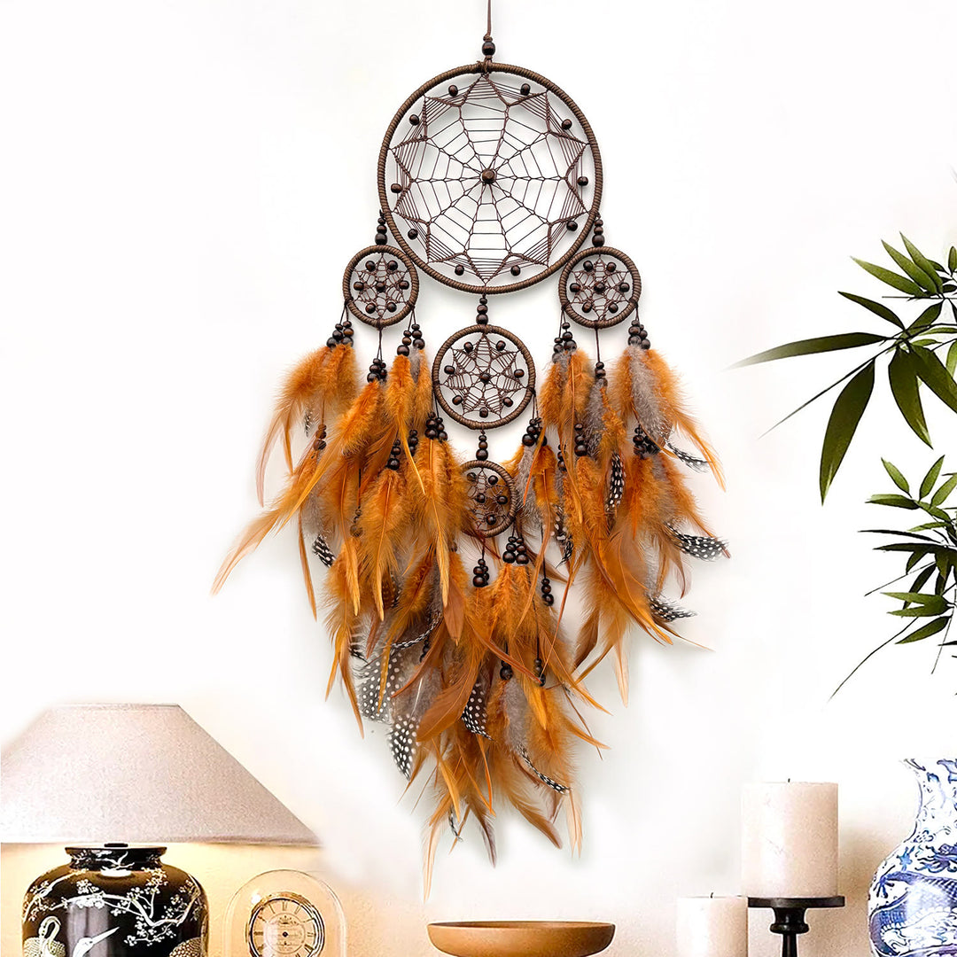 Olivenorma Tribal Symbol Boho Wall Hanging Decoration Circular Net Dream Catcher - With Lights - Coffee - image 2