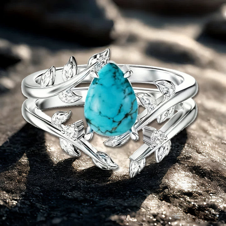 FREE Today: 2Pcs Pear Cut Turquoise Twisted Leaf Ring Set - image 1