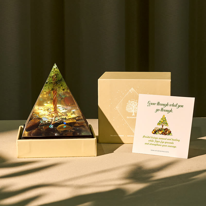 Olivenorma Radiance of Growth – Peridot & Tiger Eye Tree of Life Pyramid - 150*150mm (With Card) - YES PLEASE $8 - image 0