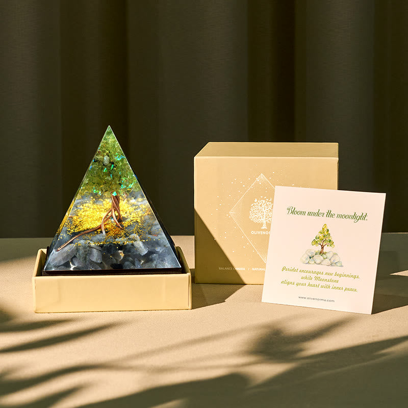 Olivenorma Moonlit Growth Peridot & Grey Moonstone Orgone Pyramid - 10*10cm (With Card) - YES PLEASE $8 - image 0