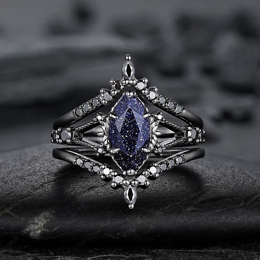 FREE Today: Black Gold 3Pcs Marquise Cut Blue Sandstone Ring - US 11 - image 0