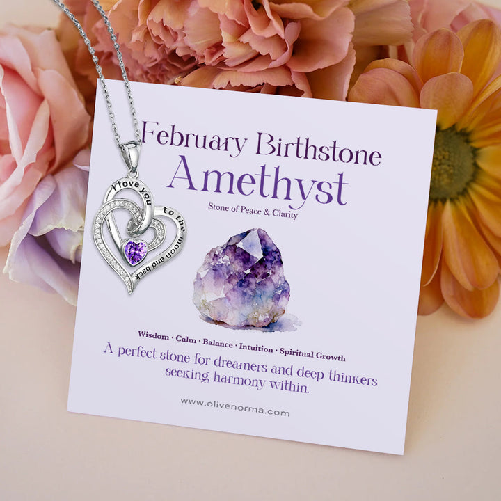 Olivenorma Hearts and Hearts Birthstone Gift Card Necklace - Silver - February - With Birthstone Card - image 5