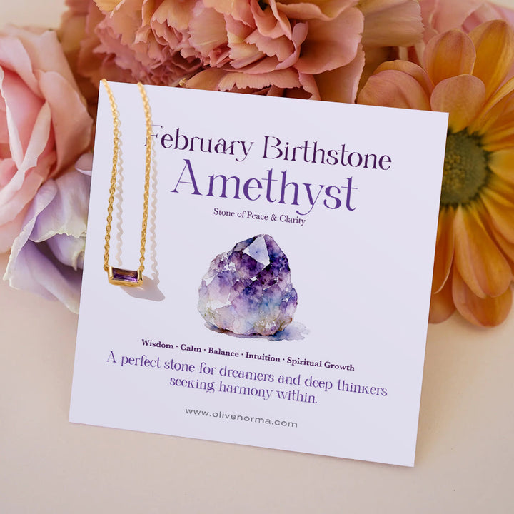 Olivenorma Simple Rectangular Birthstone Pendant Stainless Steel  Gift Card Necklace - Amethyst - With Birthstone Card - image 2
