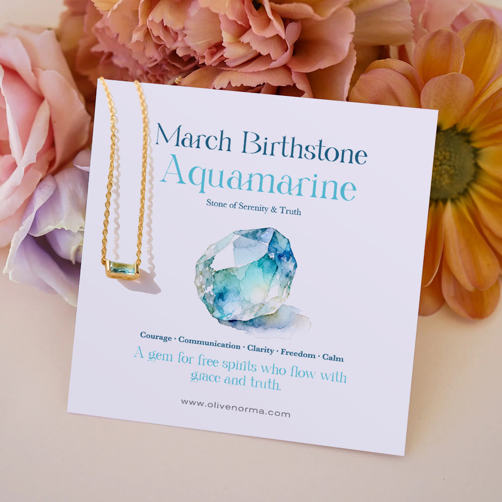 Olivenorma Simple Rectangular Birthstone Pendant Stainless Steel  Gift Card Necklace - Aquamarine - With Birthstone Card - image 3